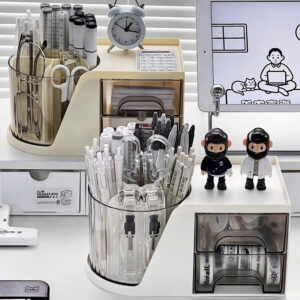 Kệ bút, mỹ phẩm để bàn - kèm ống xoay 360°, ngăn kéo